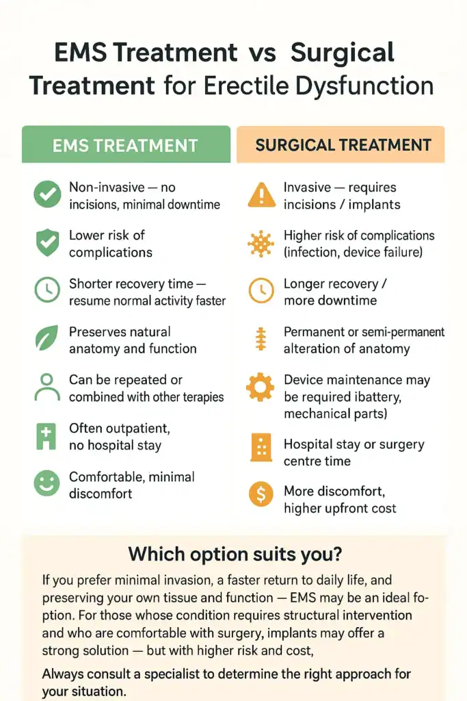 A table showing the benefits of EMS chair for erectile dysfunction treatment Brighton & Hove compared to surgery.