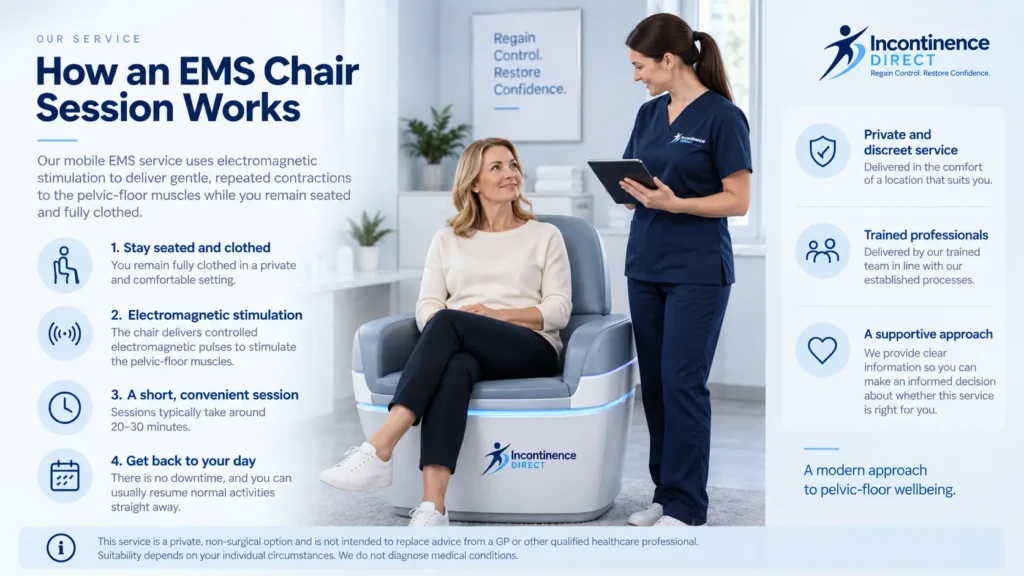 how ems chair session works at incontinence direct Brighton & Hove a detailed infographics for the incontinence process